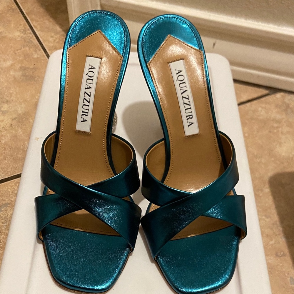 Aquazzura Metallic Teal Heeled Sandals